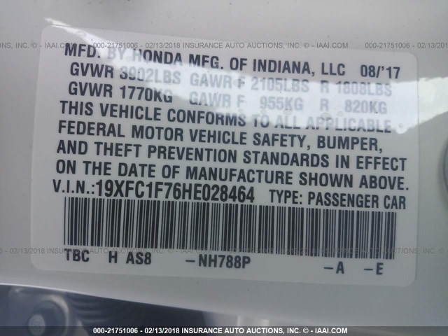 19XFC1F76HE028464 - 2017 HONDA CIVIC EXL WHITE photo 9