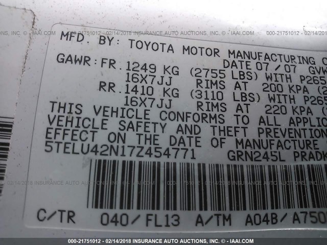 5TELU42N17Z454771 - 2007 TOYOTA TACOMA DOUBLE CAB თეთრი ფოტო 9