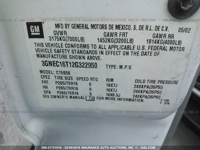 3GNEC16T12G322950 - 2002 CHEVROLET SUBURBAN C1500 WHITE photo 9