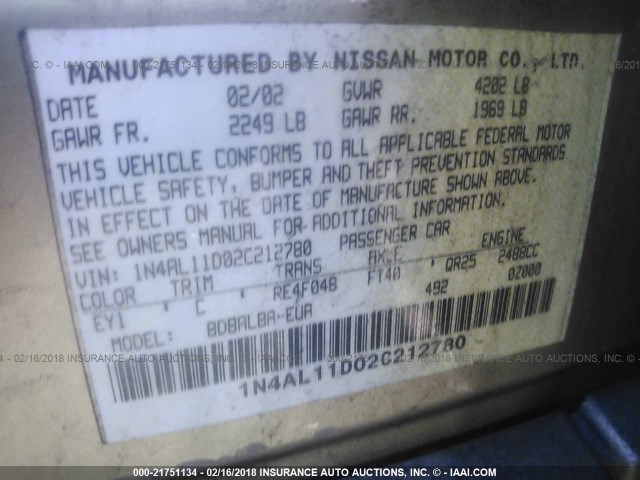 1N4AL11D02C212780 - 2002 NISSAN ALTIMA S/SL GOLD photo 9