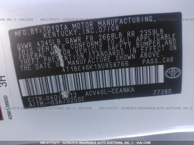 4T1BE46K19U858766 - 2009 TOYOTA CAMRY SE/LE/XLE WHITE photo 9