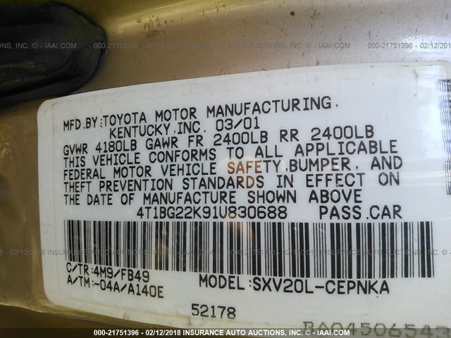 4T1BG22K91U830688 - 2001 TOYOTA CAMRY CE/LE/XLE 金色 照片 9