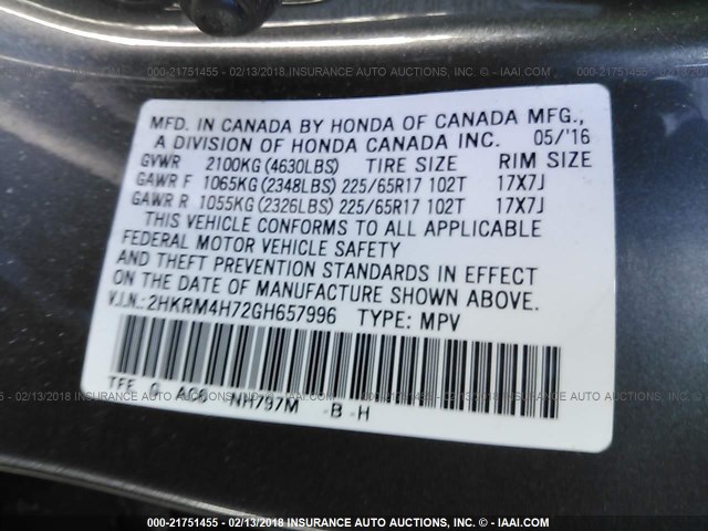 2HKRM4H72GH657996 - 2016 HONDA CR-V EXL GRAY photo 9