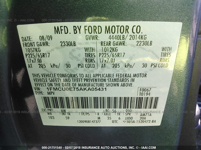 1FMCU0E75AKA05431 - 2010 FORD ESCAPE LIMITED BLUE photo 9