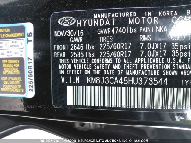 KM8J3CA48HU373544 - 2017 HYUNDAI TUCSON LIMITED/SPORT AND ECO/SE BLACK photo 9