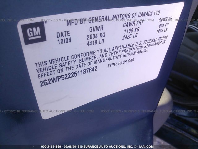 2G2WP522251187842 - 2005 PONTIAC GRAND PRIX GREEN photo 9