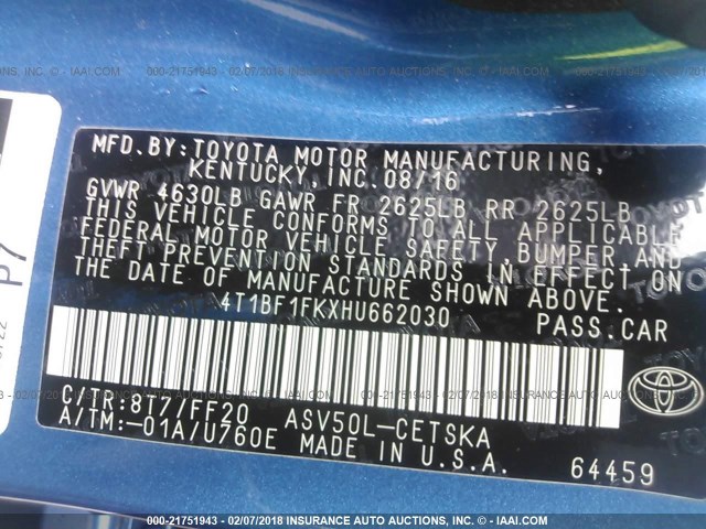 4T1BF1FKXHU662030 - 2017 TOYOTA CAMRY LE/XLE/SE/XSE ლურჯი ფოტო 9