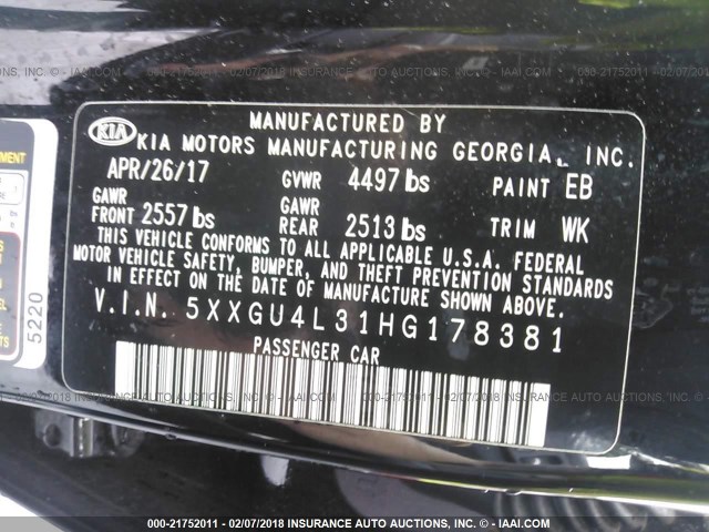 5XXGU4L31HG178381 - 2017 KIA OPTIMA EX BLACK photo 9