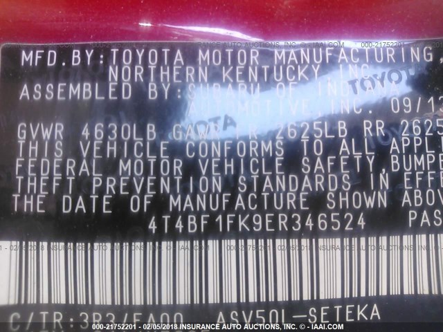 4T4BF1FK9ER346524 - 2014 TOYOTA CAMRY L/SE/LE/XLE RED photo 9