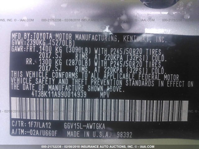 4T3BK11A99U014939 - 2009 TOYOTA VENZA SILVER photo 9