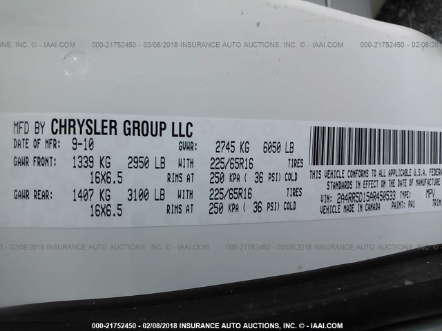 2A4RR5D15AR450533 - 2010 CHRYSLER TOWN & COUNTRY TOURING WHITE photo 9