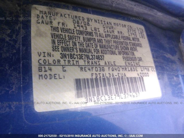 3N1BC13E79L374637 - 2009 NISSAN VERSA S/SL BLUE photo 9