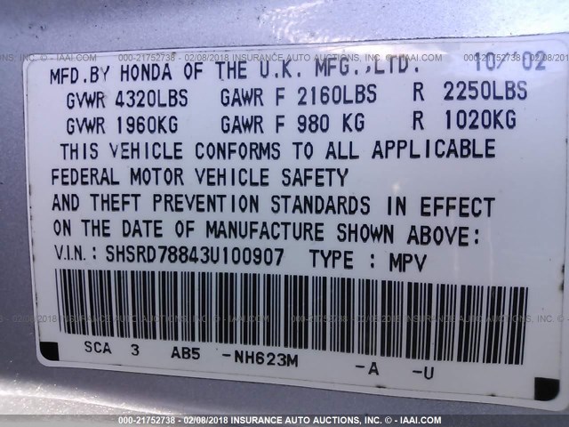 SHSRD78843U100907 - 2003 HONDA CR-V EX GRAY photo 9