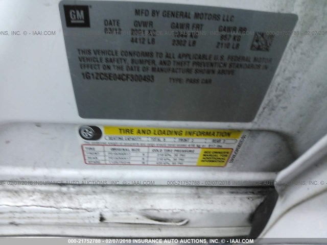 1G1ZC5E04CF300493 - 2012 CHEVROLET MALIBU 1LT WHITE photo 9