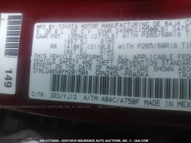 3TMLU4EN8FM201504 - 2015 TOYOTA TACOMA DOUBLE CAB/TRD RPO Qırmızı foto 9