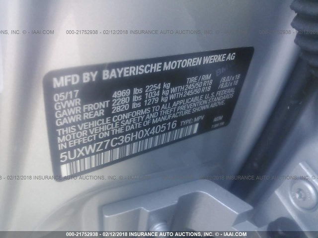 5UXWZ7C36H0X40516 - 2017 BMW X3 SDRIVE28I SILVER photo 9