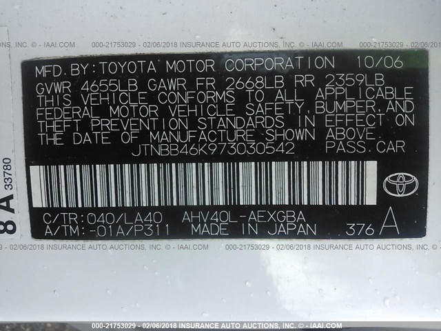 JTNBB46K973030542 - 2007 TOYOTA CAMRY NEW GENERAT HYBRID WHITE photo 9