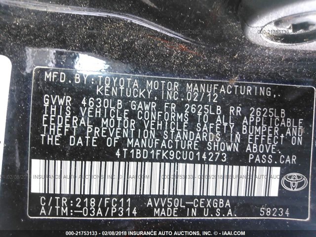 4T1BD1FK9CU014273 - 2012 TOYOTA CAMRY HYBRID/LE/XLE 黑色 照片 9