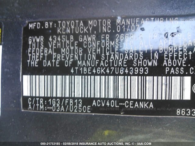 4T1BE46K47U643993 - 2007 TOYOTA CAMRY NEW GENERAT CE/LE/XLE/SE GRAY photo 9