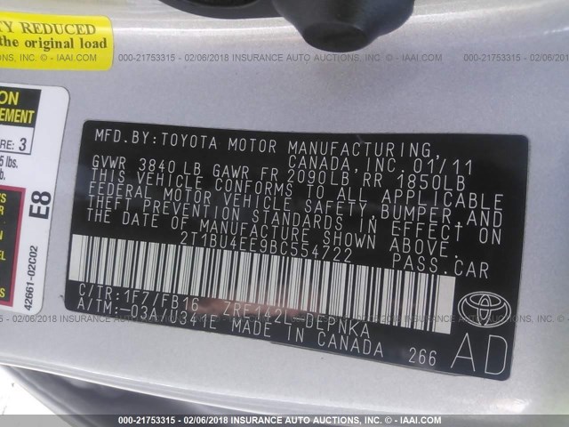 2T1BU4EE9BC554722 - 2011 TOYOTA COROLLA S/LE SILVER photo 9