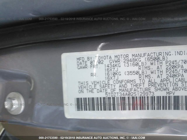 5TDBT48A62S081008 - 2002 TOYOTA SEQUOIA LIMITED GRAY photo 9