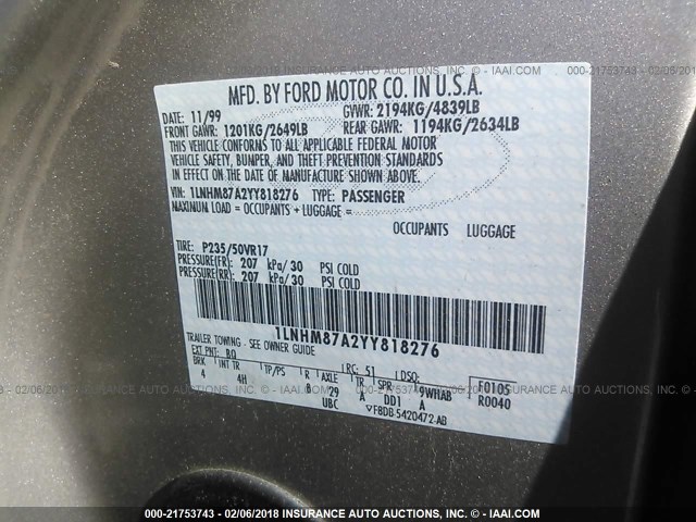 1LNHM87A2YY818276 - 2000 LINCOLN LS 米色 照片 9