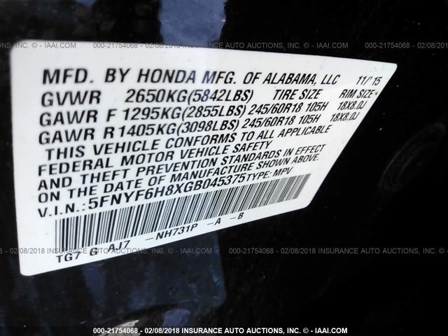 5FNYF6H8XGB045375 - 2016 HONDA PILOT EXL BLACK photo 9