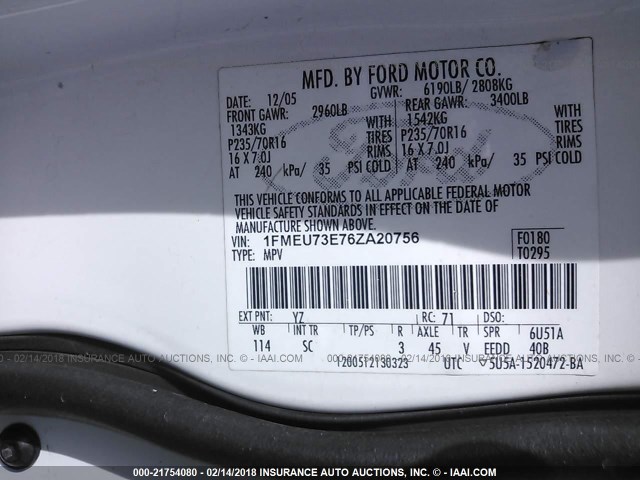 1FMEU73E76ZA20756 - 2006 FORD EXPLORER XLT WHITE photo 9