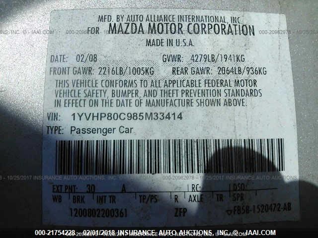 1YVHP80C985M33414 - 2008 MAZDA 6 I 银色 照片 9