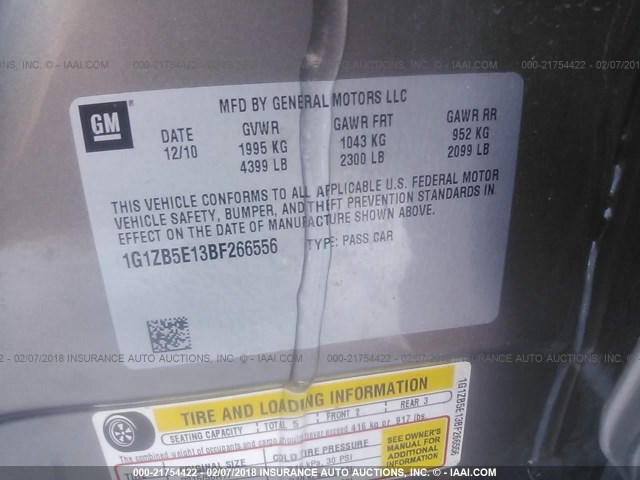 1G1ZB5E13BF266556 - 2011 CHEVROLET MALIBU LS 棕色 照片 9