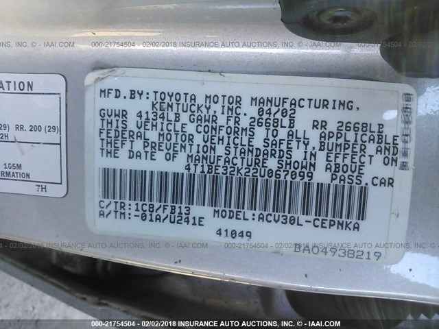 4T1BE32K22U067099 - 2002 TOYOTA CAMRY LE/XLE/SE SILVER photo 9