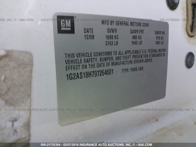 1G2AS18H797264601 - 2009 PONTIAC G5 WHITE photo 9