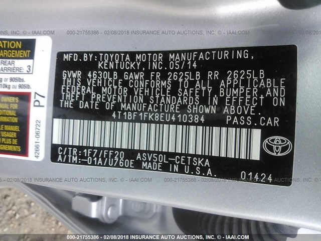 4T1BF1FK8EU410384 - 2014 TOYOTA CAMRY L/SE/LE/XLE SILVER photo 9