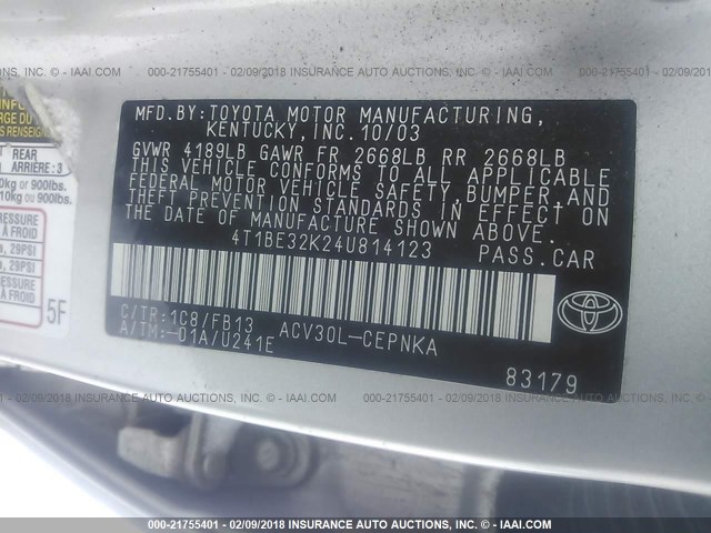 4T1BE32K24U814123 - 2004 TOYOTA CAMRY LE/XLE/SE SILVER photo 9