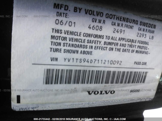 YV1TS94D711210092 - 2001 VOLVO S80 BLACK photo 9