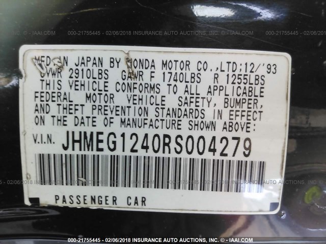 JHMEG1240RS004279 - 1994 HONDA CIVIC DEL SOL S BLACK photo 9