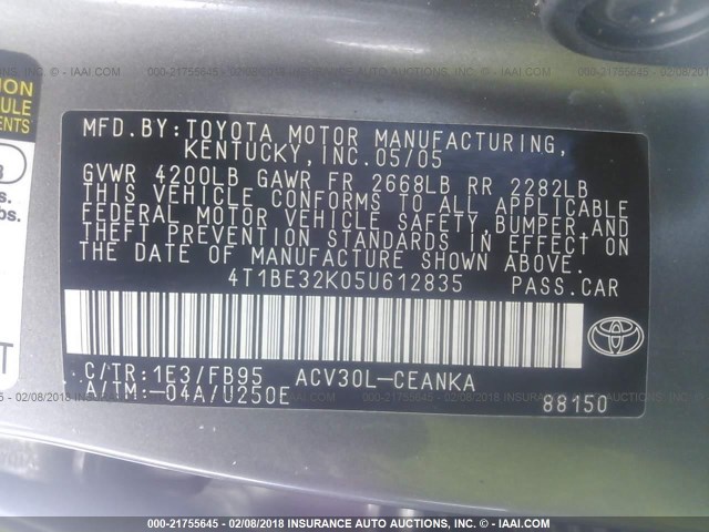 4T1BE32K05U612835 - 2005 TOYOTA CAMRY LE/XLE/SE GRAY photo 9