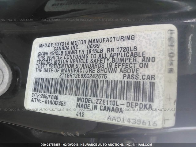 2T1BR12E6XC242675 - 1999 TOYOTA COROLLA VE/CE/LE BLACK photo 9