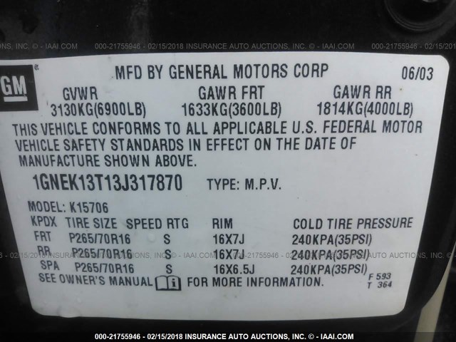 1GNEK13T13J317870 - 2003 CHEVROLET TAHOE K1500 GRAY photo 9