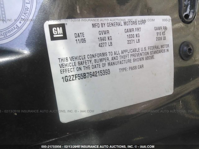 1G2ZF55B764215393 - 2006 PONTIAC G6 SE GRAY photo 9