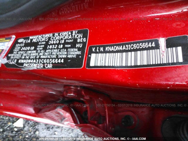 KNADN4A31C6056644 - 2012 KIA RIO EX/SX RED photo 9