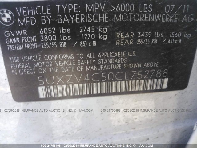 5UXZV4C50CL752788 - 2012 BMW X5 XDRIVE35I Beyaz fotoğraf 9