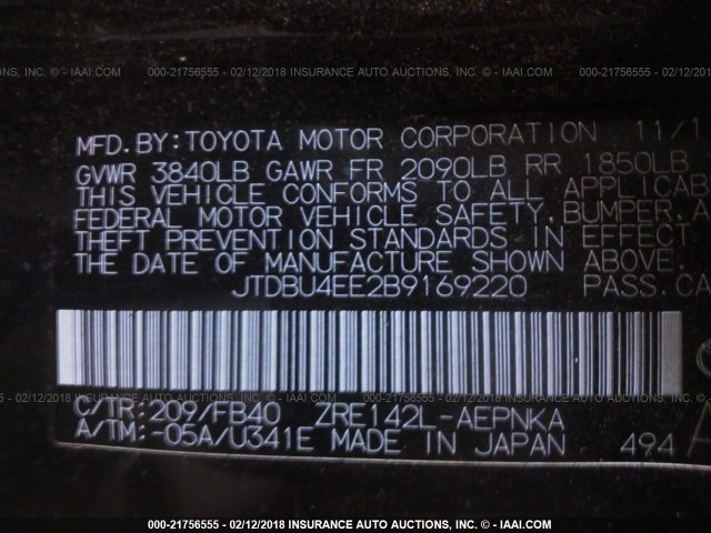 JTDBU4EE2B9169220 - 2011 TOYOTA COROLLA S/LE BLACK photo 9