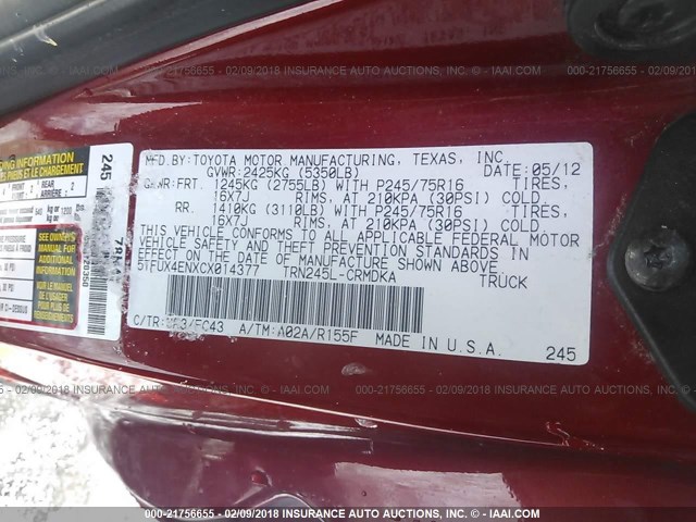 5TFUX4ENXCX014377 - 2012 TOYOTA TACOMA ACCESS CAB Rot Foto 9