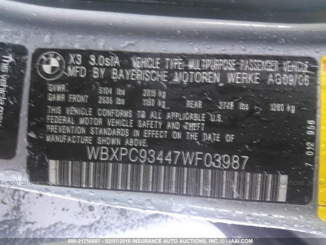 WBXPC93447WF03987 - 2007 BMW X3 3.0SI SILVER photo 9