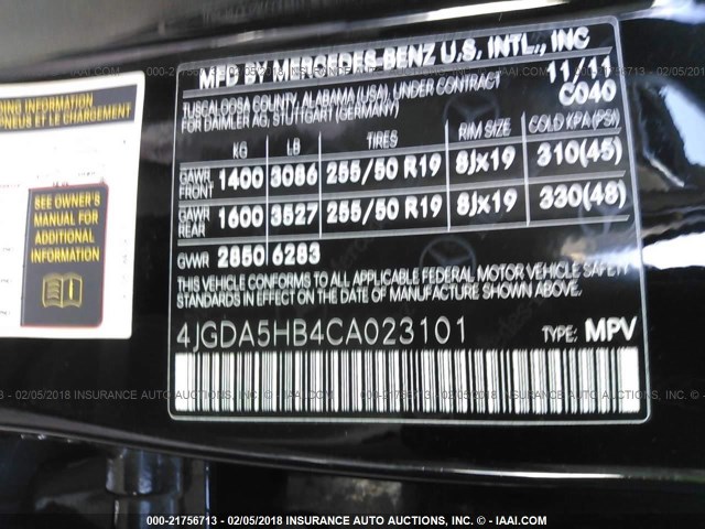 4JGDA5HB4CA023101 - 2012 MERCEDES-BENZ ML 350 4MATIC BLACK photo 9