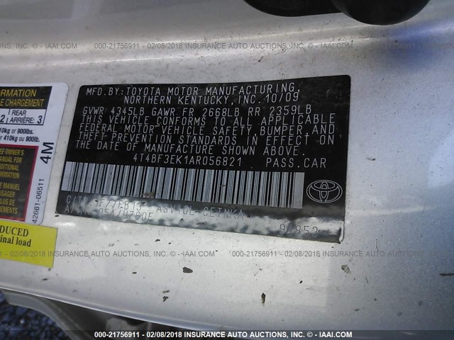 4T4BF3EK1AR056821 - 2010 TOYOTA CAMRY SE/LE/XLE Серебристый фото 9