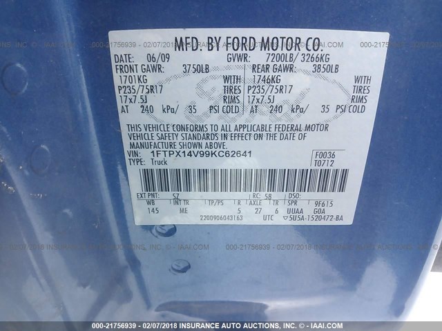 1FTPX14V99KC62641 - 2009 FORD F150 SUPER CAB BLUE photo 9