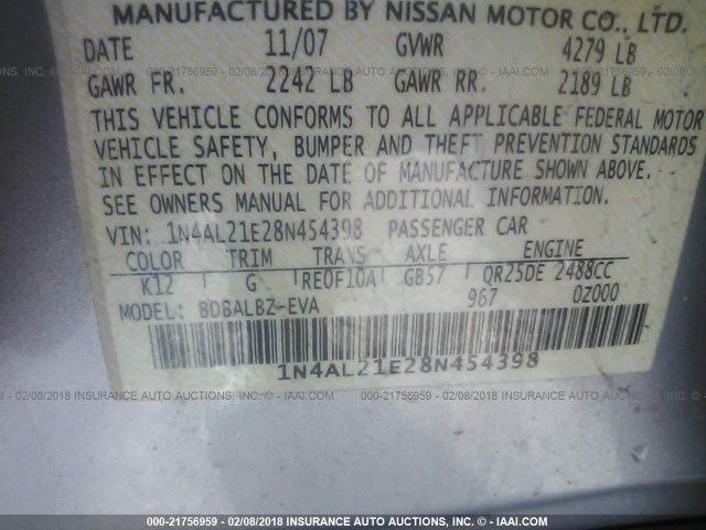 1N4AL21E28N454398 - 2008 NISSAN ALTIMA 2.5/2.5S SILVER photo 9