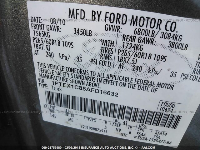 1FTEX1C85AFD16632 - 2010 FORD F150 SUPER CAB GRAY photo 9